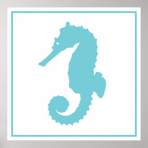 Póster Moderno Océano costero Blue Seahorse Silhouettte