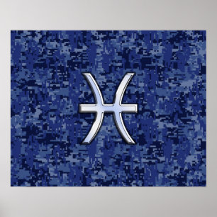 Póster Moderno Pisces Zodiac Rótulo Navy Camo Digital Azu
