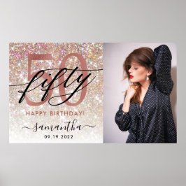 Póster Moderno Purpurina de champagne 50.ª foto de cumple