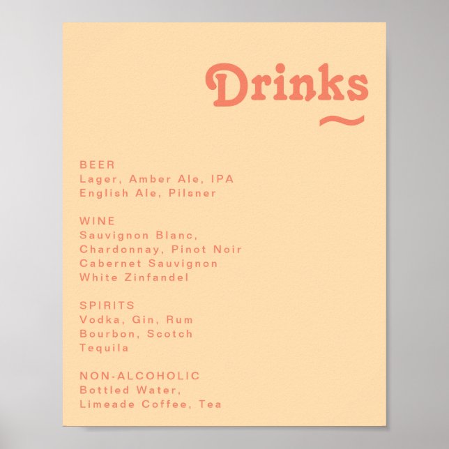 Póster Moderno retro Naranja crema Boda bebidas Rótulo a  (Frente)