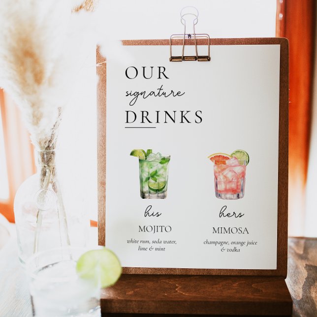 Póster Moderno Rótulo de Boda con bebidas de firma, más d (Modern Minimal Signature Drinks Wedding Bar Sign)