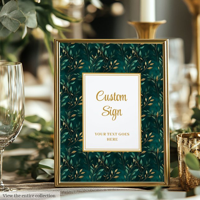 Póster Moderno Rótulo de Personalizado de verde de oro ve (Modern Emerald Green Gold Greenery Custom Sign)