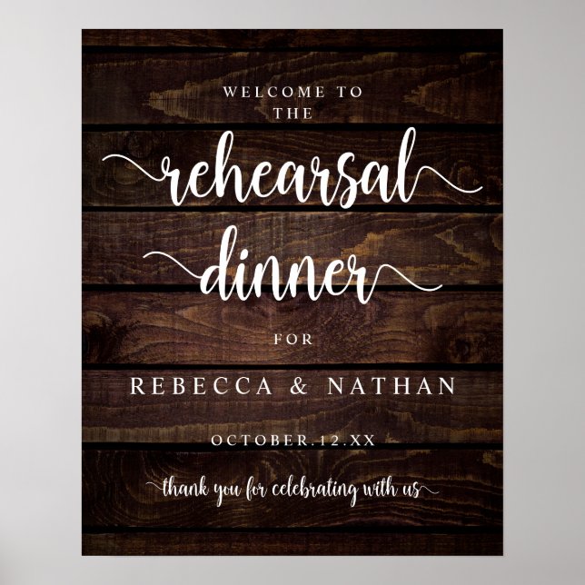Póster Moderno Rústico, Bienvenida Cena de Ensayo de Boda (Frente)