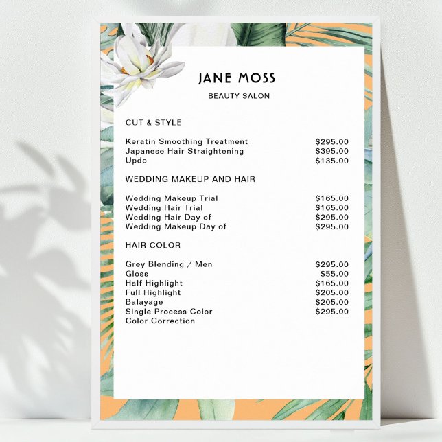 Póster Moderno Salon Watercolor Tropical Price List (Modern Salon Watercolor Tropical Price List  )
