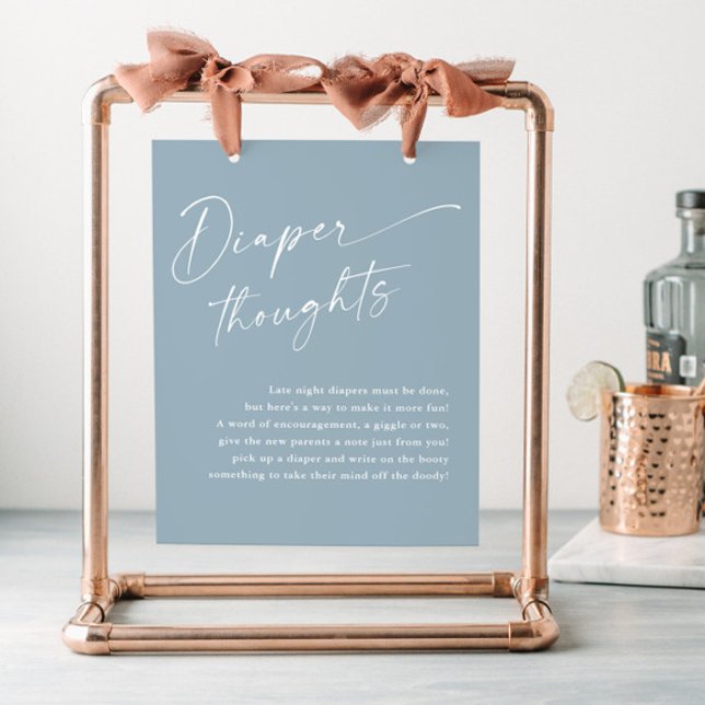 Póster Moderno Script Diaper Thoughts Blue Baby Shower (Modern script busty blue diaper thoughts boy baby shower sign.)