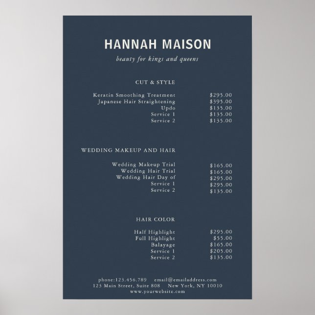 Póster Moderno Simple, Profesional, Salón, Lista de Preci (Frente)