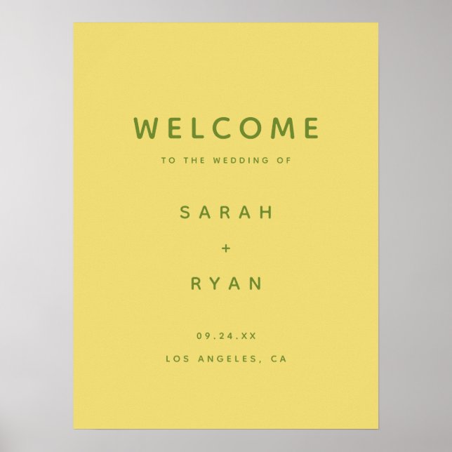Póster Moderno y Simple Bienvenida de Boda Amarillo Limón (Frente)