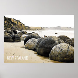 Póster Moeraki Boulders Viajes de Nueva Zelanda