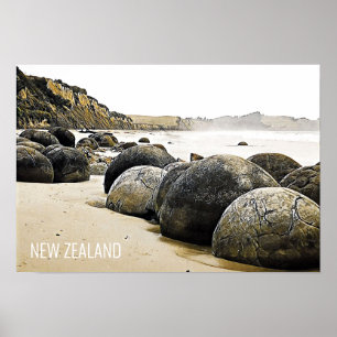 Póster Moeraki Boulders Viajes de Nueva Zelanda