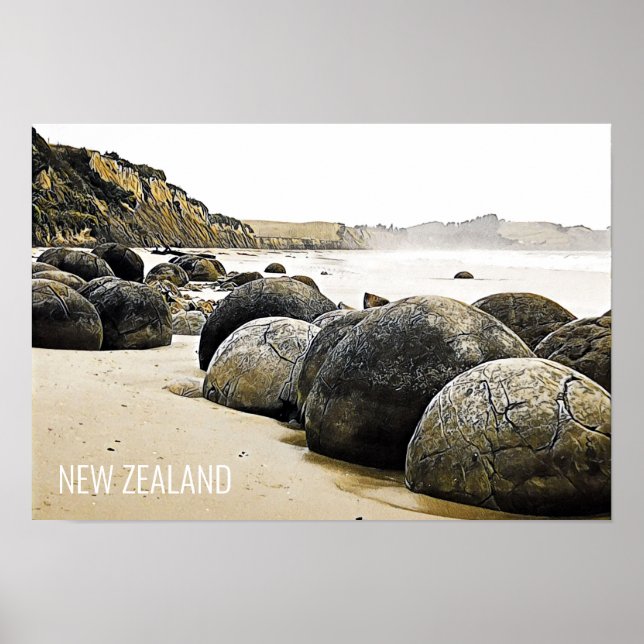 Póster Moeraki Boulders Viajes de Nueva Zelanda (Frente)