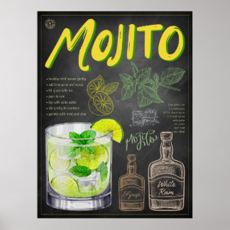 Póster Mojito Recipe Chalkboard Cocktail Art