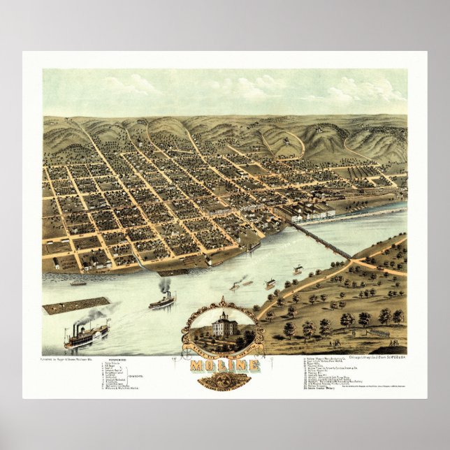 Póster Moline, IL - Mapa Panorámico - 1869 (Frente)