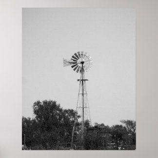 Póster Molino blanco y negro en un campo de Texas 16x20