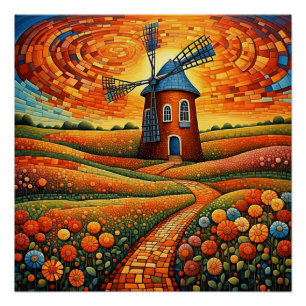Póster Molino de viento al atardecer 1