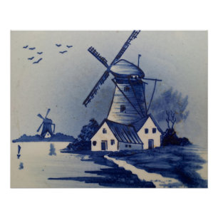 Póster Molino de viento azul vintage Delft