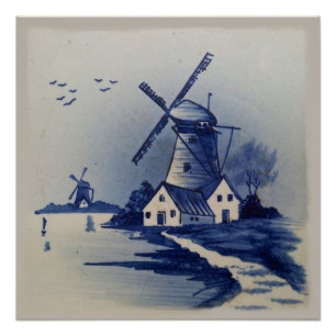 Póster Molino de viento azul vintage Delft