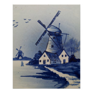 Póster Molino de viento azul vintage Delft