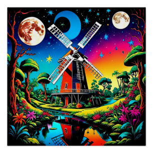 Póster Molino de viento bajo cielo estrellado 1