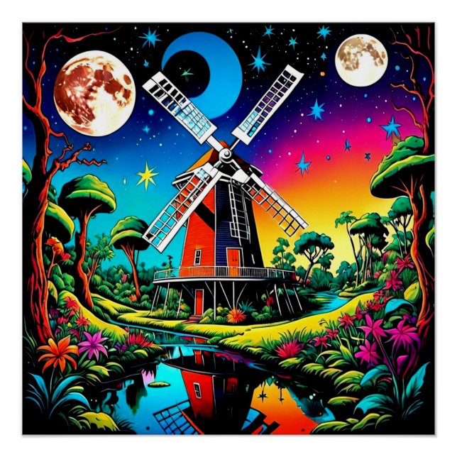Póster Molino de viento bajo cielo estrellado 1 (Anverso)