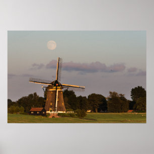 Póster Molino de viento bajo una luna llena cartel horizo