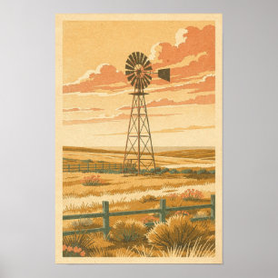 Póster Molino de viento de la pradera al atardecer Retro
