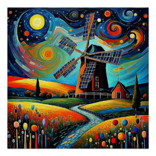 Póster Molino de viento en la noche 2