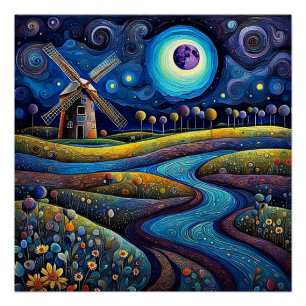 Póster Molino de viento en la noche 4