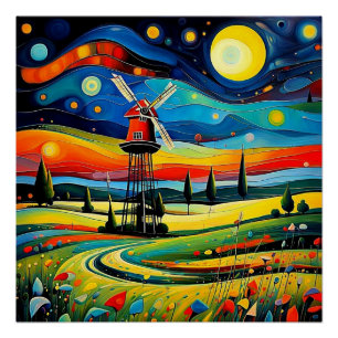 Póster Molino de viento en la noche 6