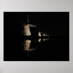 Póster Molinoes de viento iluminados, Kinderdijk en el