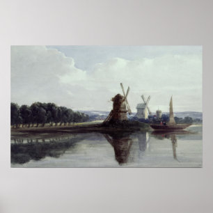 Póster Molinoes de viento por un río, siglo XIX