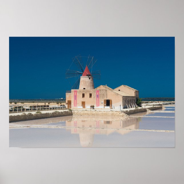 Póster Molinos de viento y salinas en la salina de Trapan (Frente)