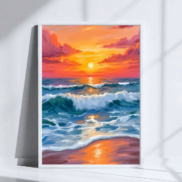 Póster Molten Horizon | Ocean Waves Sunset Watercolor