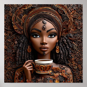 Póster ☕ Momento de café de mujer africana elegante Estil