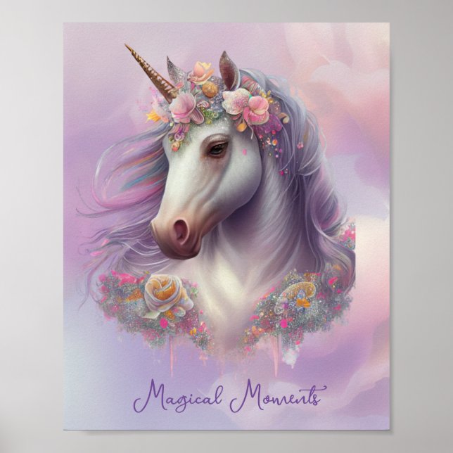 Póster Momentos mágicos Purpurina floral de unicornio pas (Frente)