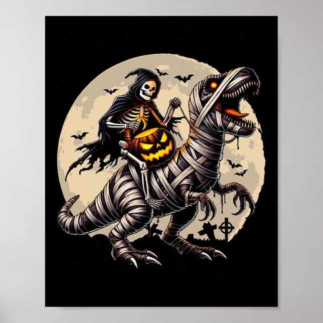 Póster Momia de esqueleto montando dinosaurio T Rex calab (Frente)
