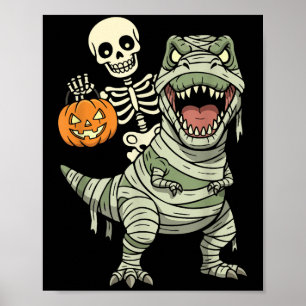 Póster Momia de esqueleto montando dinosaurio T Rex Hallo