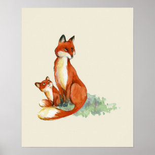 Póster Momma Fox y Baby Watercolor Ilustracion