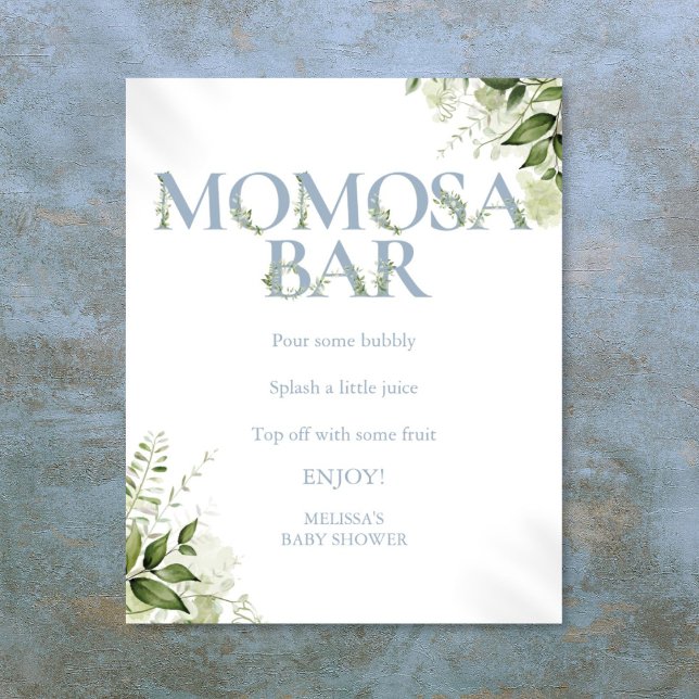 Póster Momosa Bar Greenery Dusty Blue Baby Shower (Momosa Bar Greenery Dusty Blue Baby Shower Poster)