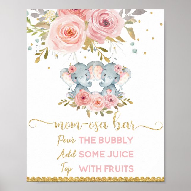 Póster Momosa Bar Mimosa Bar Twins Elephant Baby Shower (Frente)