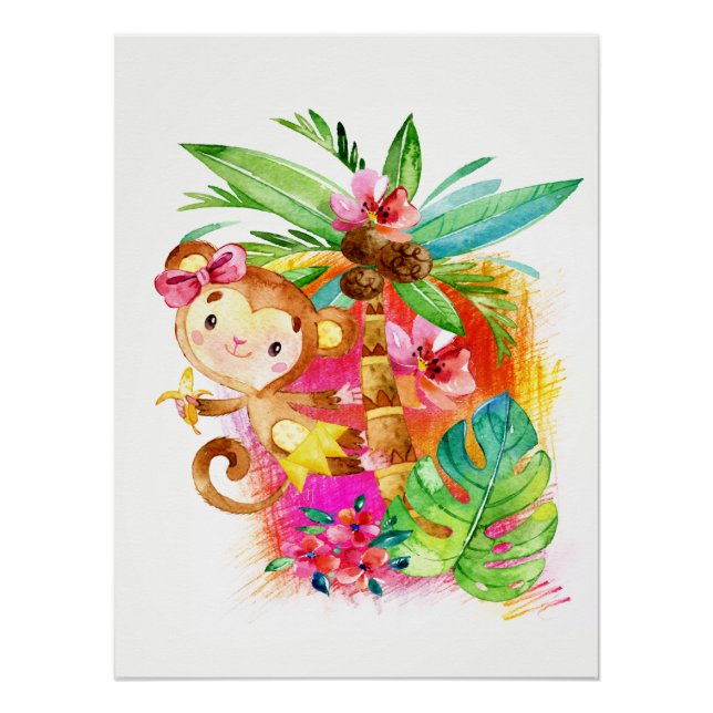 Póster Mona de niña linda trepando árbol (Anverso)