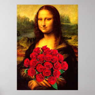 Póster Mona Lisa Con Bouquet De Rosas Rojas