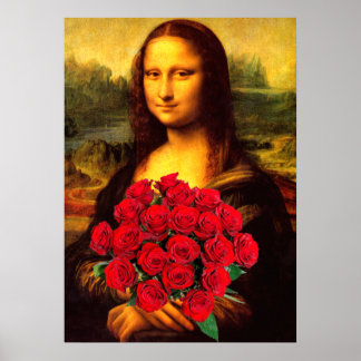 Póster Mona Lisa Con Bouquet De Rosas Rojas