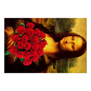Póster Mona Lisa Con Bouquet De Rosas Rojas