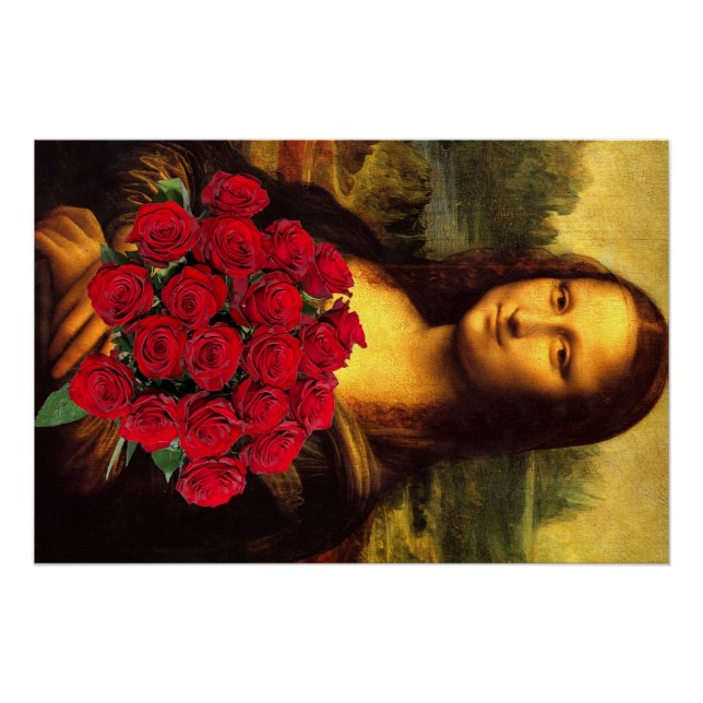 Póster Mona Lisa Con Bouquet De Rosas Rojas (Anverso)