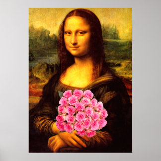 Póster Mona Lisa Con Bouquet De Rosas Rosa
