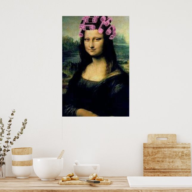 Póster Mona Lisa con rodillos de pelo rosado Leonardo da  (Cocina)