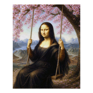 Póster Mona Lisa en un columpio bajo flores de cerezo