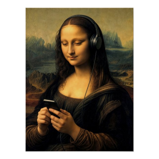 Póster Mona Lisa moderna con teléfono inteligente (Anverso)