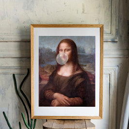 Póster Mona Lisa soplando chicle de burbuja gris