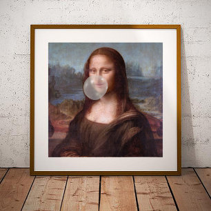 Póster Mona Lisa soplando chicle de burbuja gris